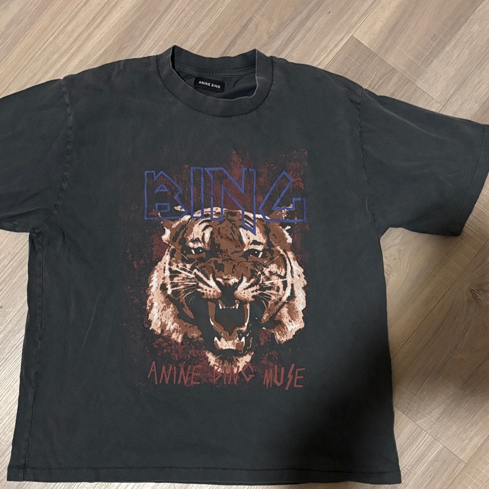 Anine Bing Black Graphic Tiger Tee with Blue Logo